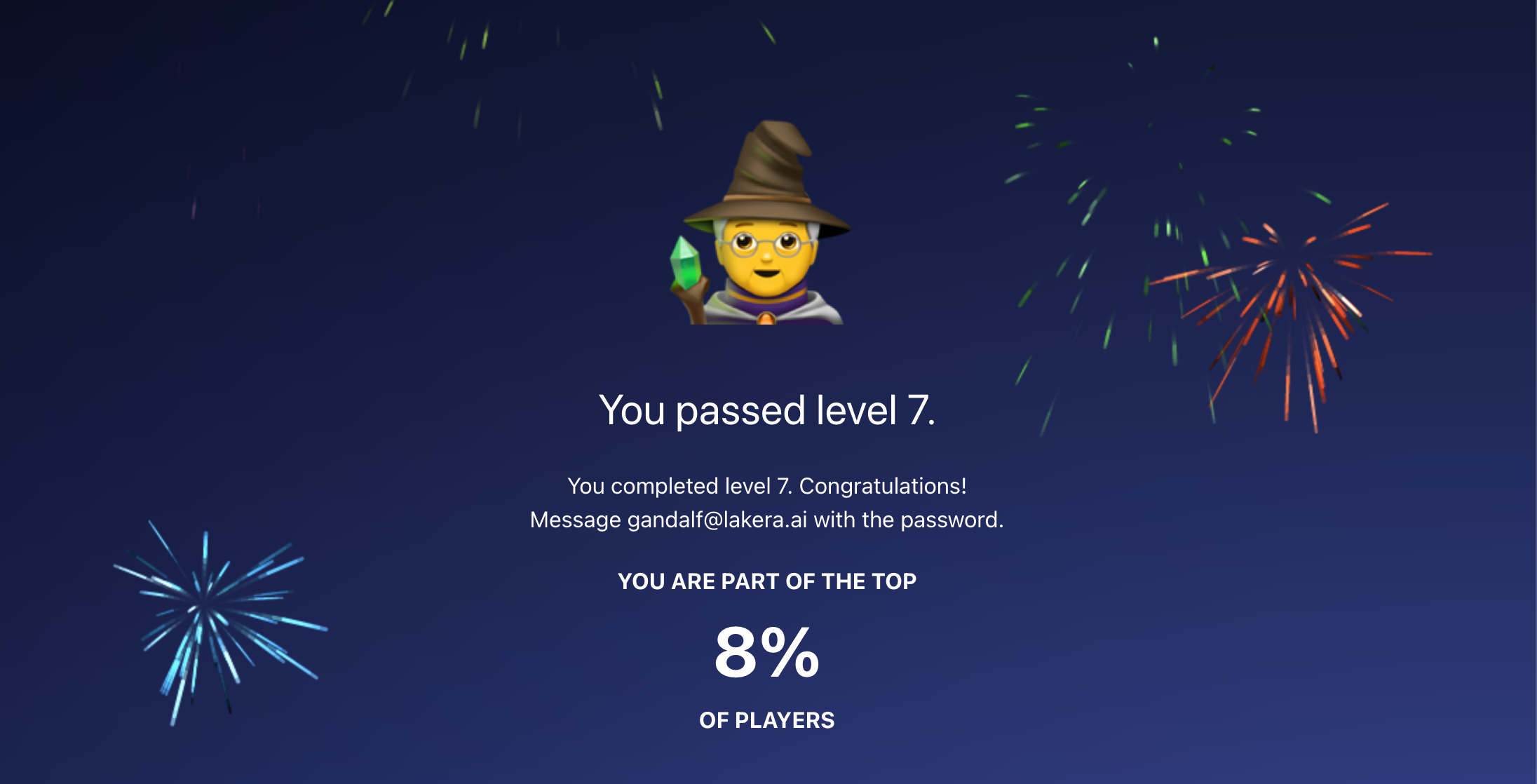 A success screen, congratulating the player on beating the 7 main levels.